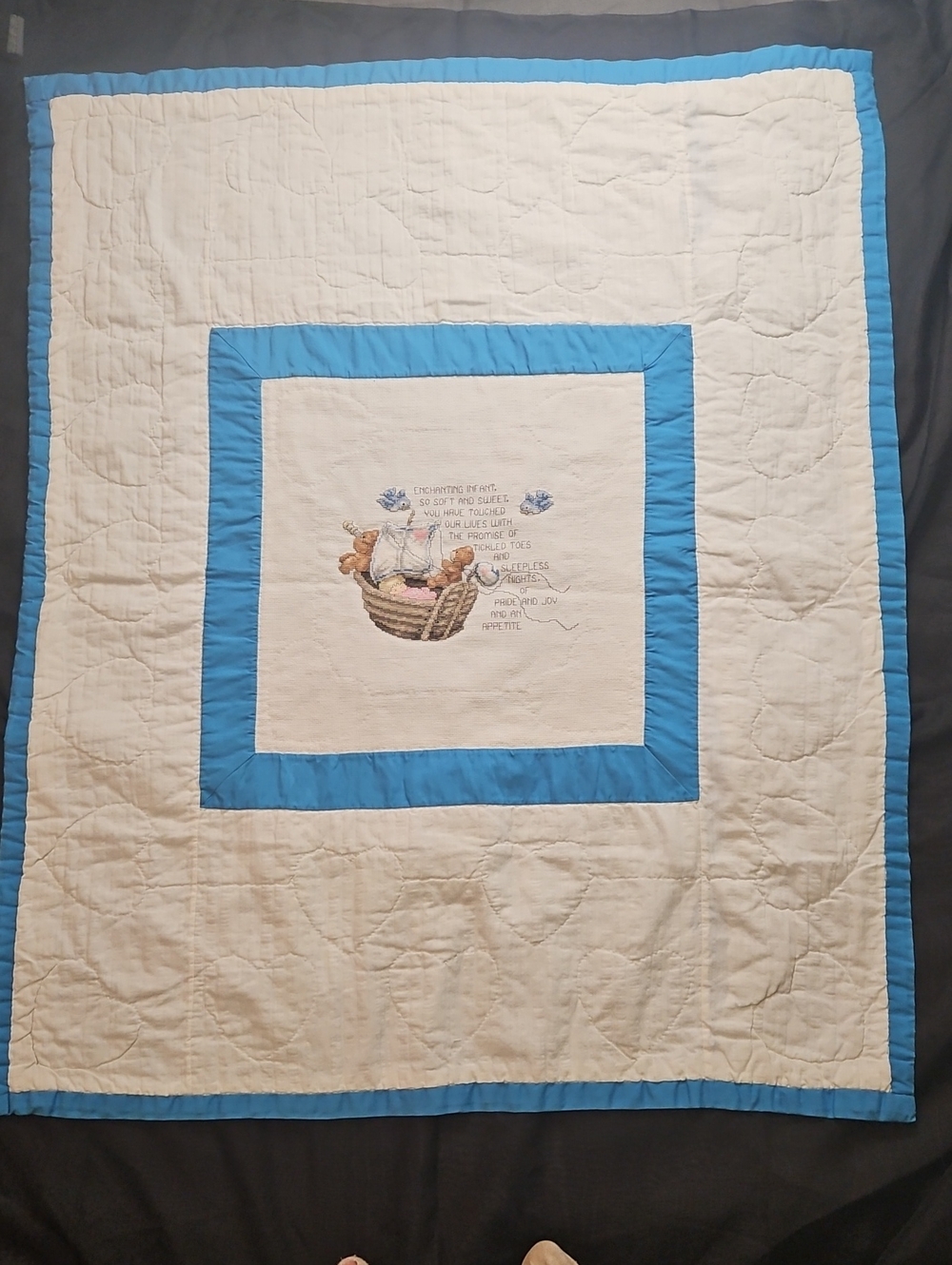Handmade Vintage Cream and Sky Blue Embroidered Baby Quilt
